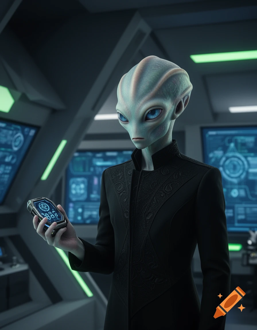 A grey alien with large blue eyes in a black futuristic suit holds a glowing device in a sci-fi control room.