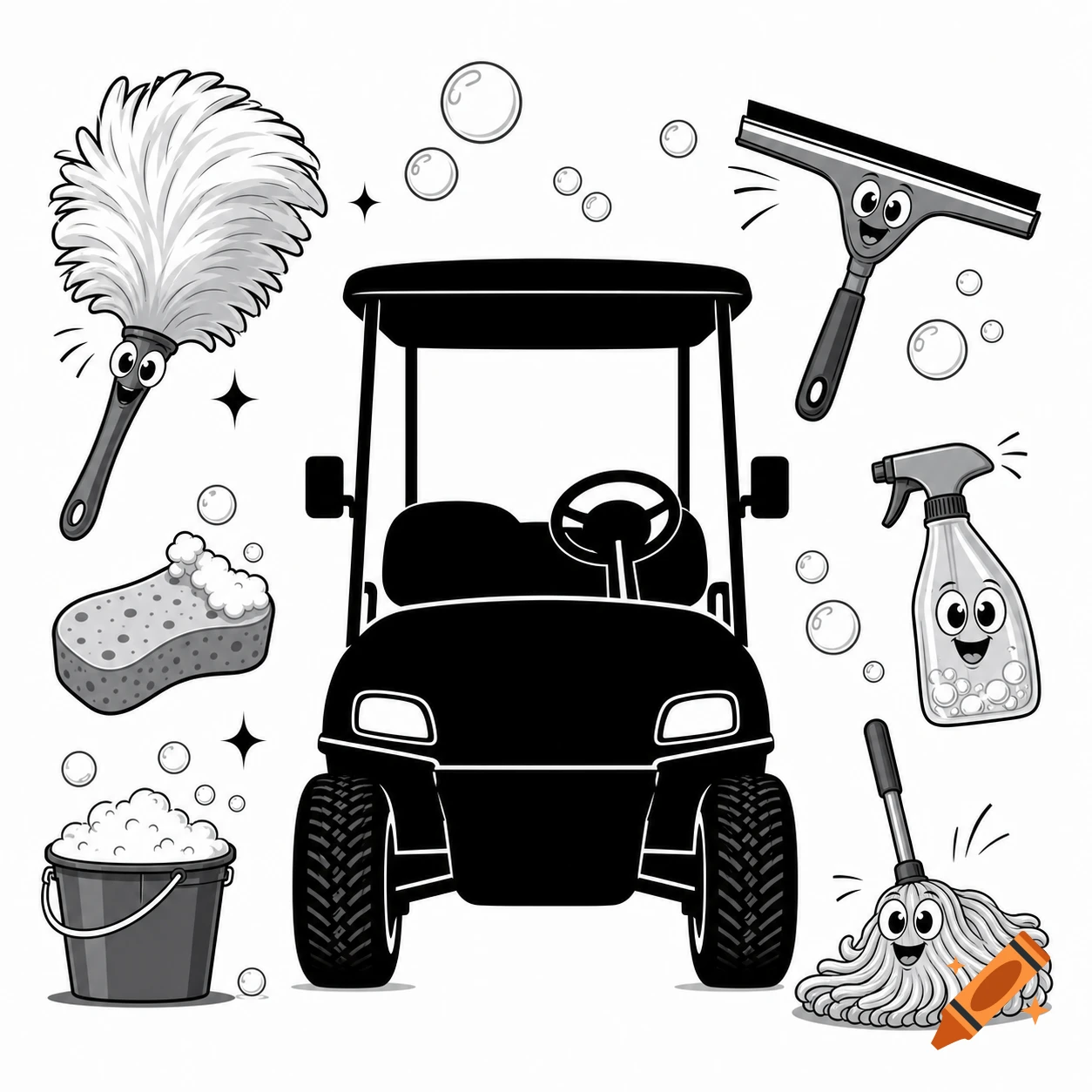 Minimalist black and white illustration of a golf cart silhouette surrounded by cheerful cartoon cleaning tools like a duster, mop, and squeegee.