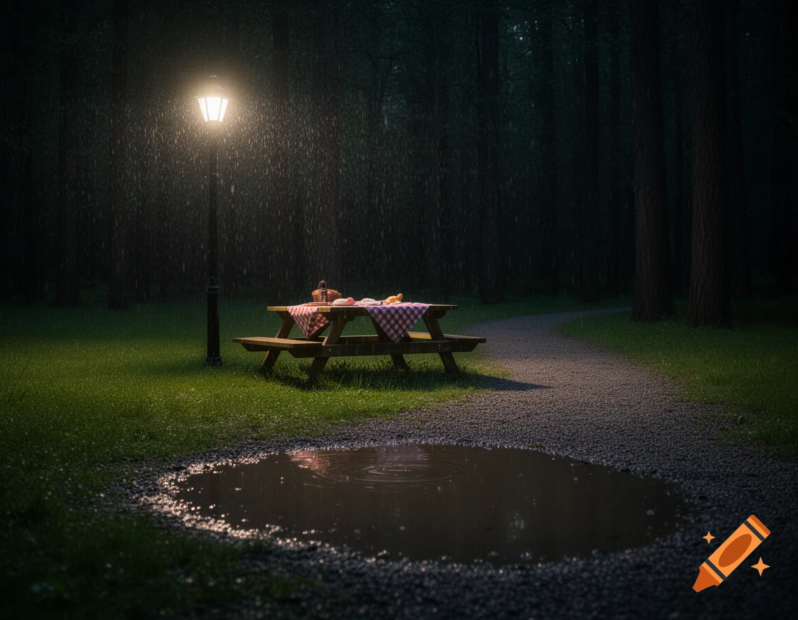 A picnic table with a red checkered cloth under a bright street lamp in a dark, rainy forest park with a gravel path and puddle.