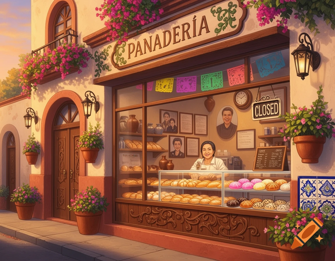 Anime-style illustration of a vibrant Mexican panadería with a smiling baker, pastry case, 'PANADERÍA' sign, and flowers.