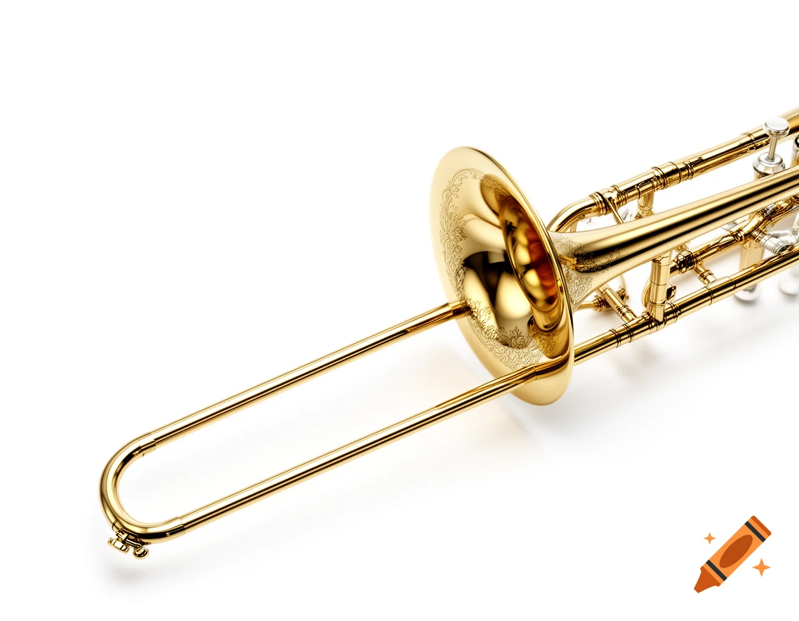 A close-up, high-quality shot of a golden trombone, positioned diagonally on a clean white background.