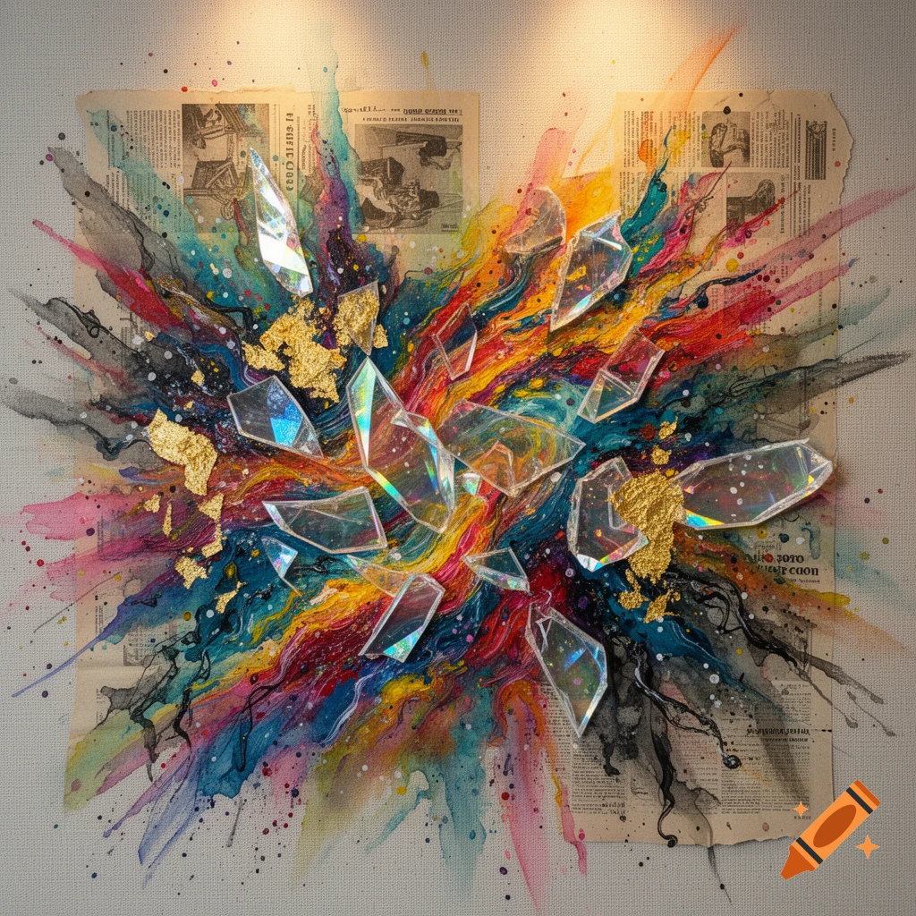 Vibrant mixed media artwork with colorful watercolor splashes, shattered glass, and gold leaf over newspaper clippings, creating an explosive effect.
