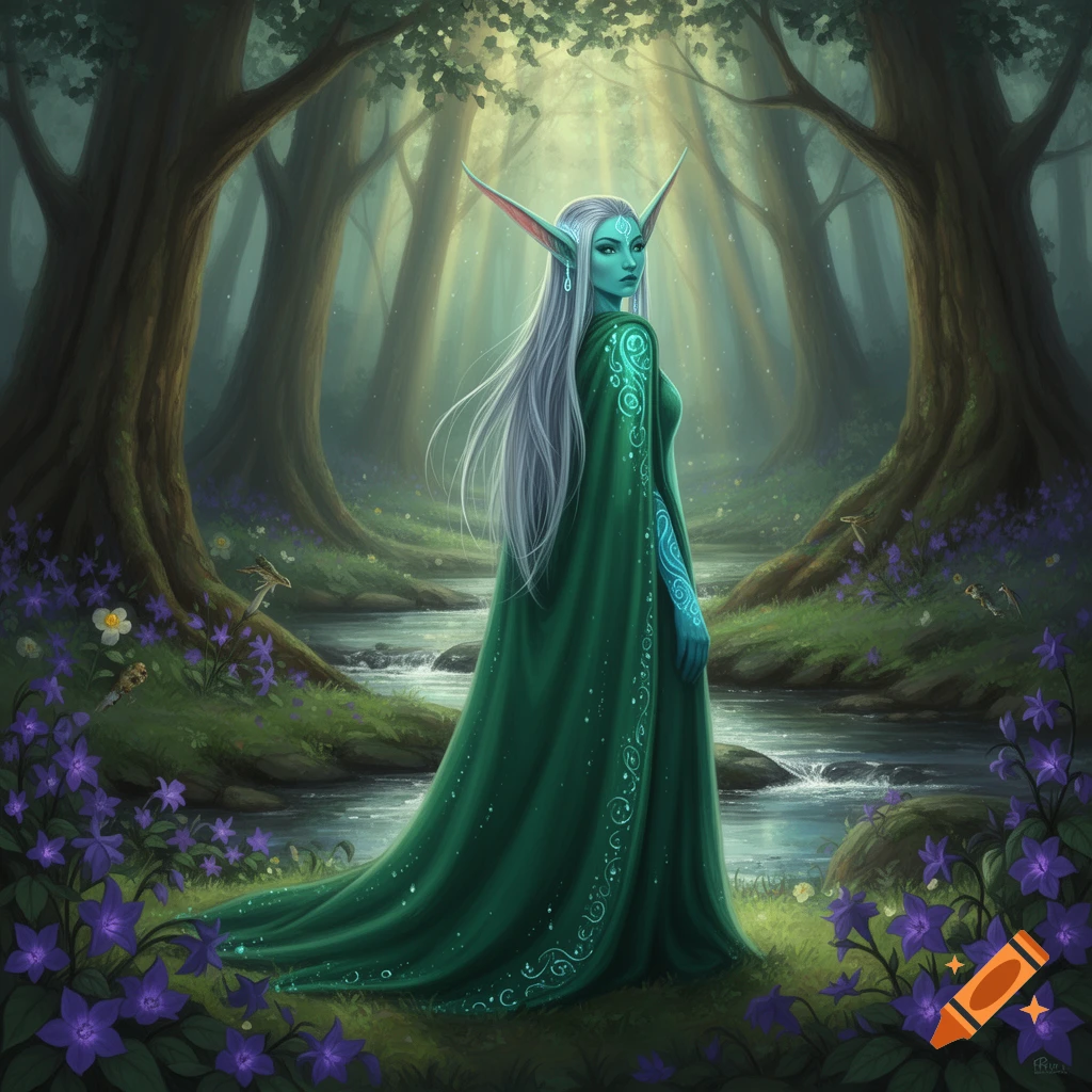 A blue-skinned elf with long white hair and pointed ears stands in an enchanted forest with a stream, wearing a green cloak, looking back.