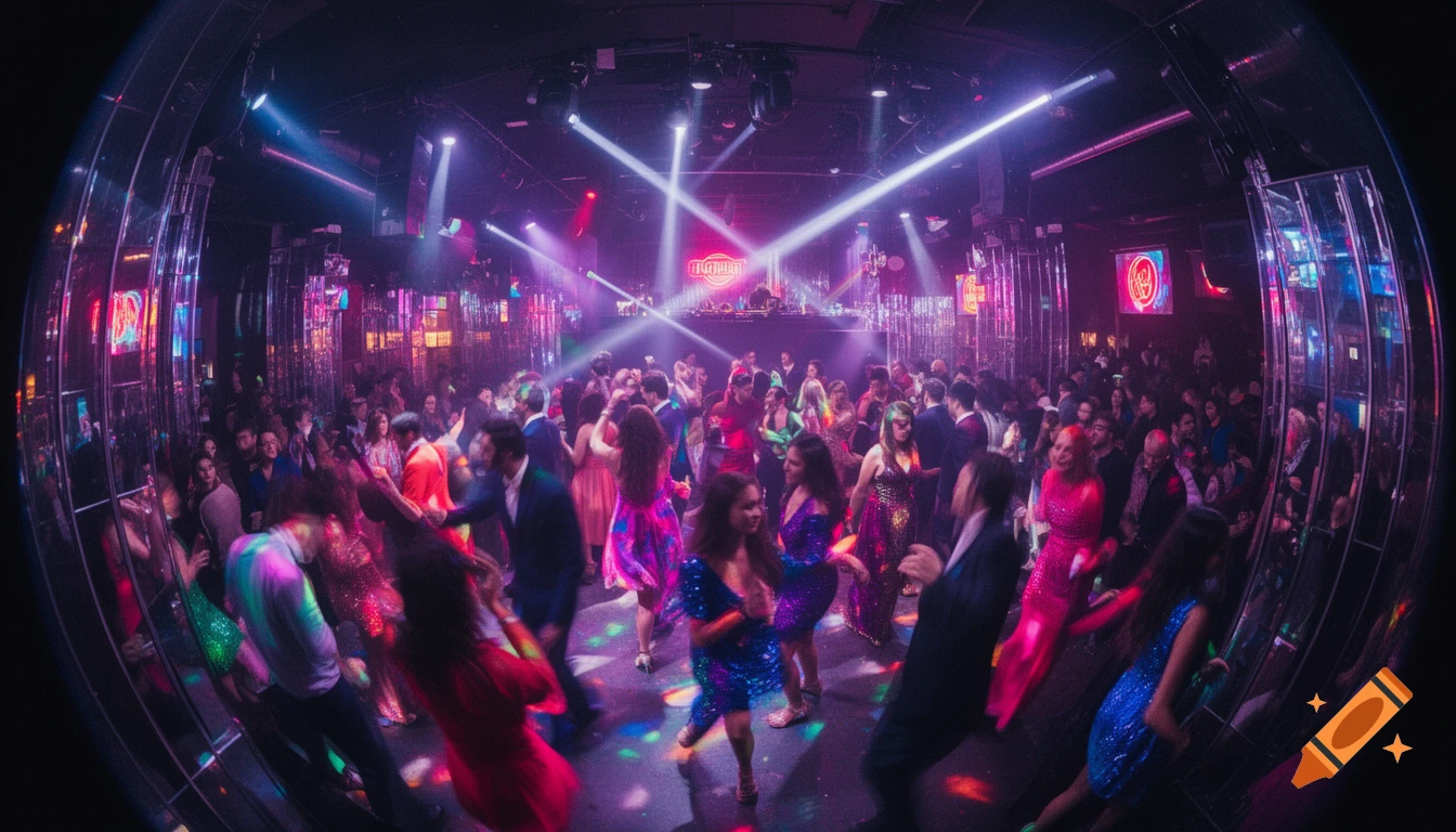 A fisheye lens view of a vibrant nightclub with many people dancing under purple and pink lights.