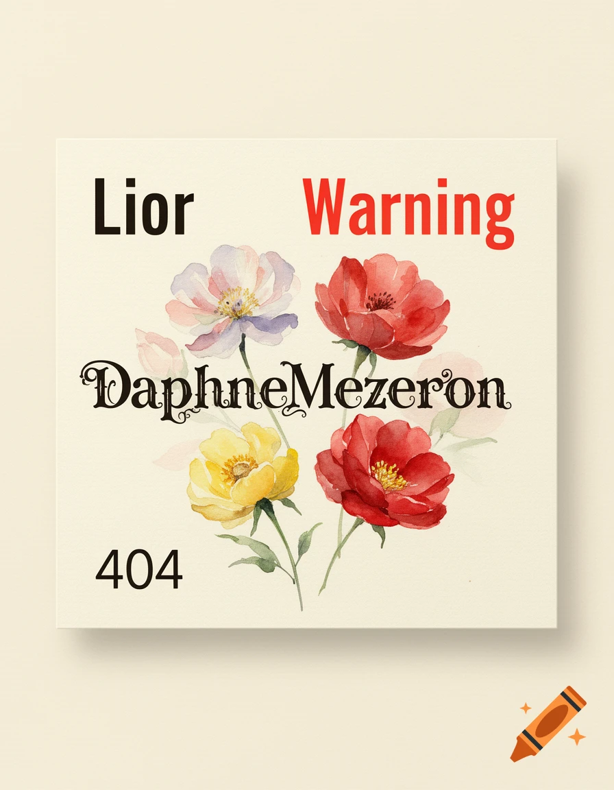 A white business card features watercolor flowers in pink, red, and yellow, with the text Lior, Warning, DaphneMezeron, and 404.