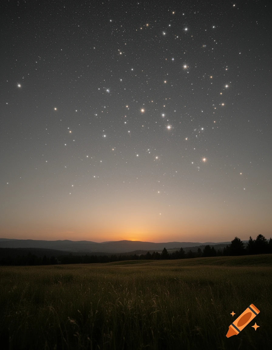 A serene twilight landscape featuring a field in the foreground, dark mountains, a vibrant sunset on the horizon, and a sky filled with countless sparkling stars.