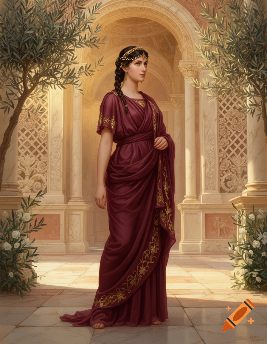 A woman in a flowing deep red toga with golden embroidery stands in an ancient Roman courtyard with olive trees and classical architecture.