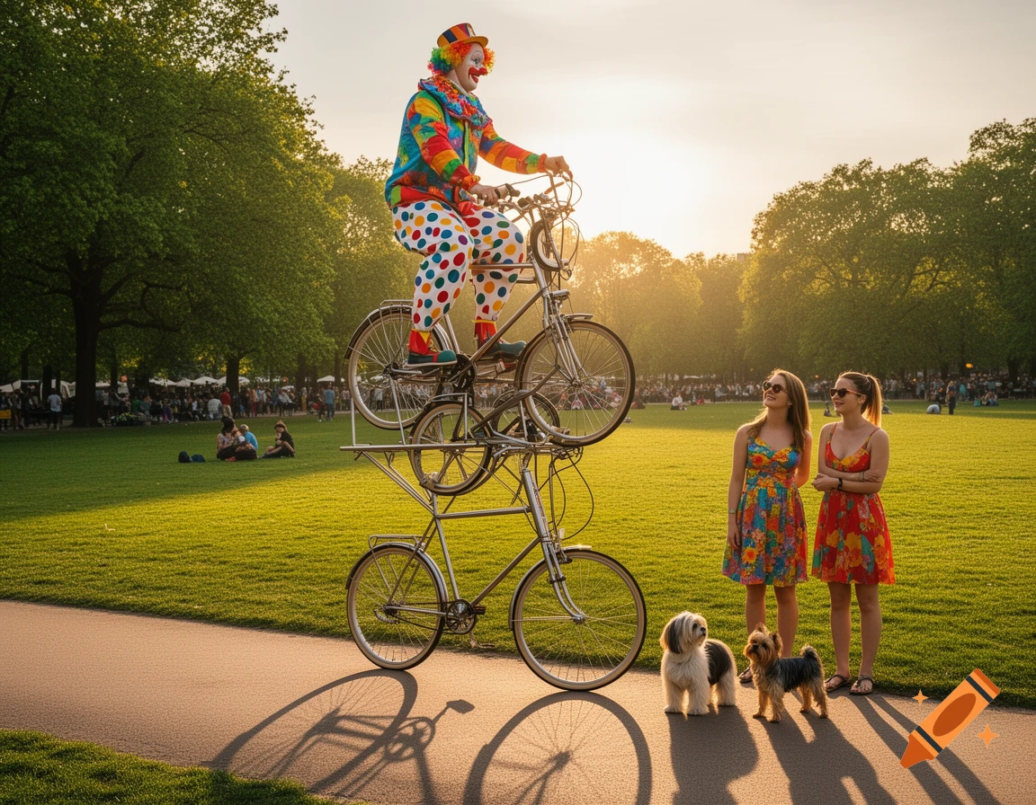 A colorful clown rides an extremely tall bicycle made of multiple frames in a sunny park, while two women and two dogs watch from a paved path.