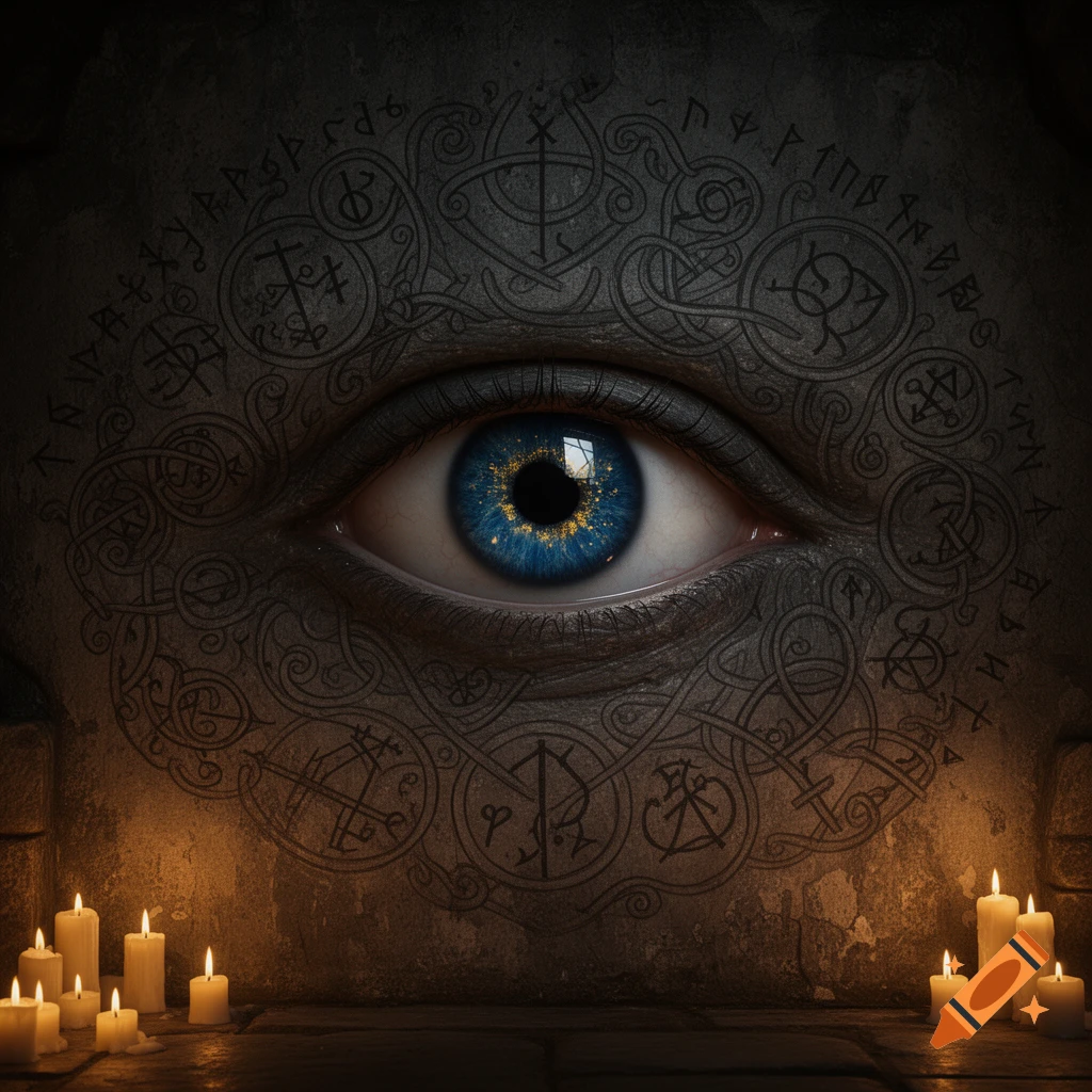 A blue eye with golden flecks is set into dark stone covered with various mystical symbols, lit by glowing candles below.