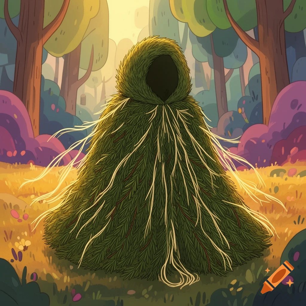 A hooded figure made of green pine needles in a whimsical, Adventure Time-style forest with colorful trees.