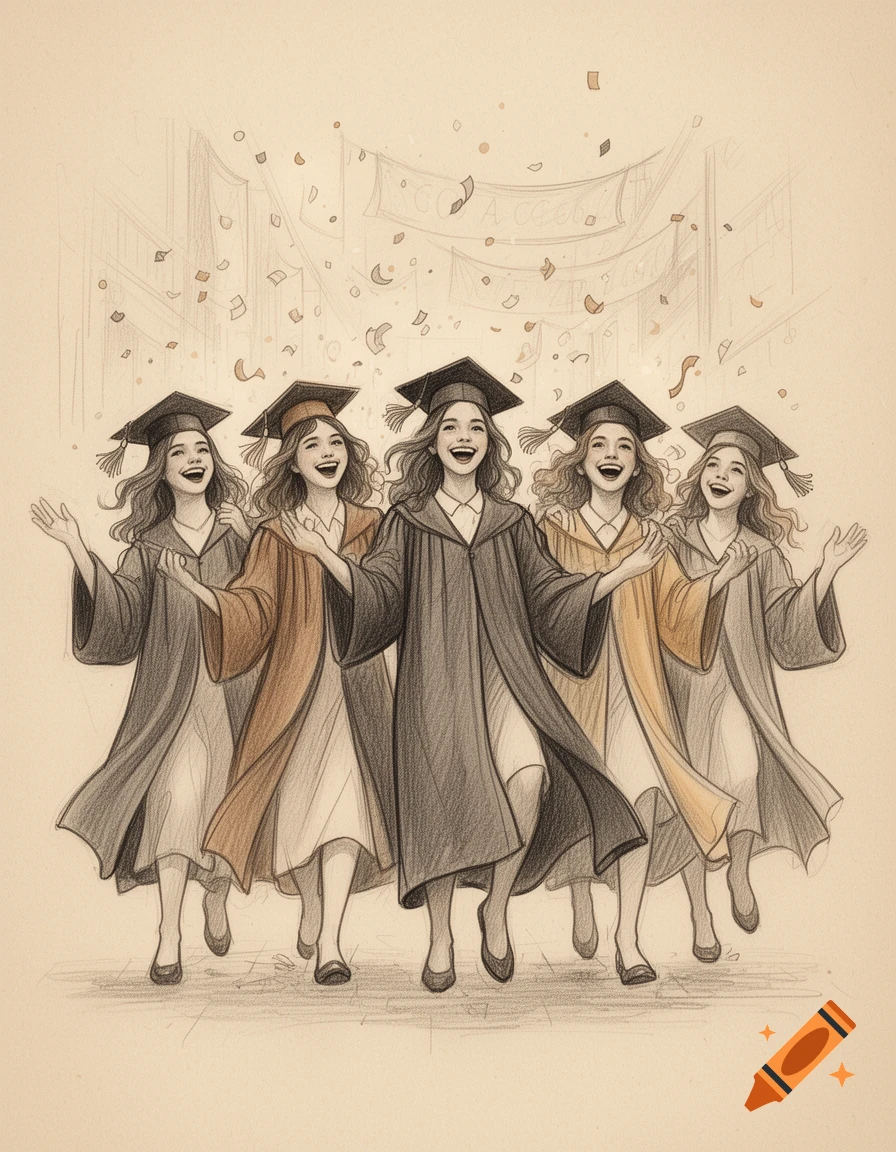 Five smiling women in graduation caps and gowns celebrate as confetti falls around them, depicted in a light sketch.