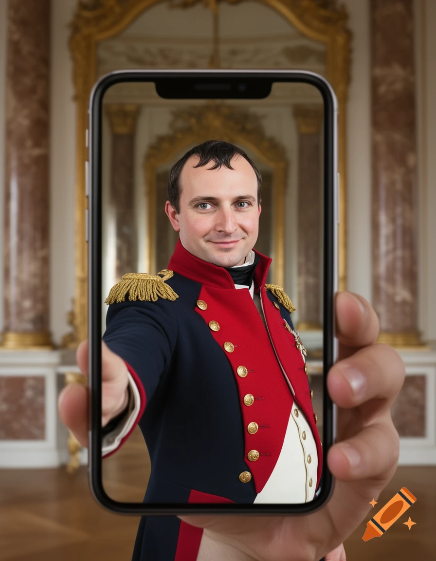 A man resembling Napoleon Bonaparte in military regalia smiles while taking a selfie, seen through the screen of a smartphone held by a hand, against a luxurious palace interior.