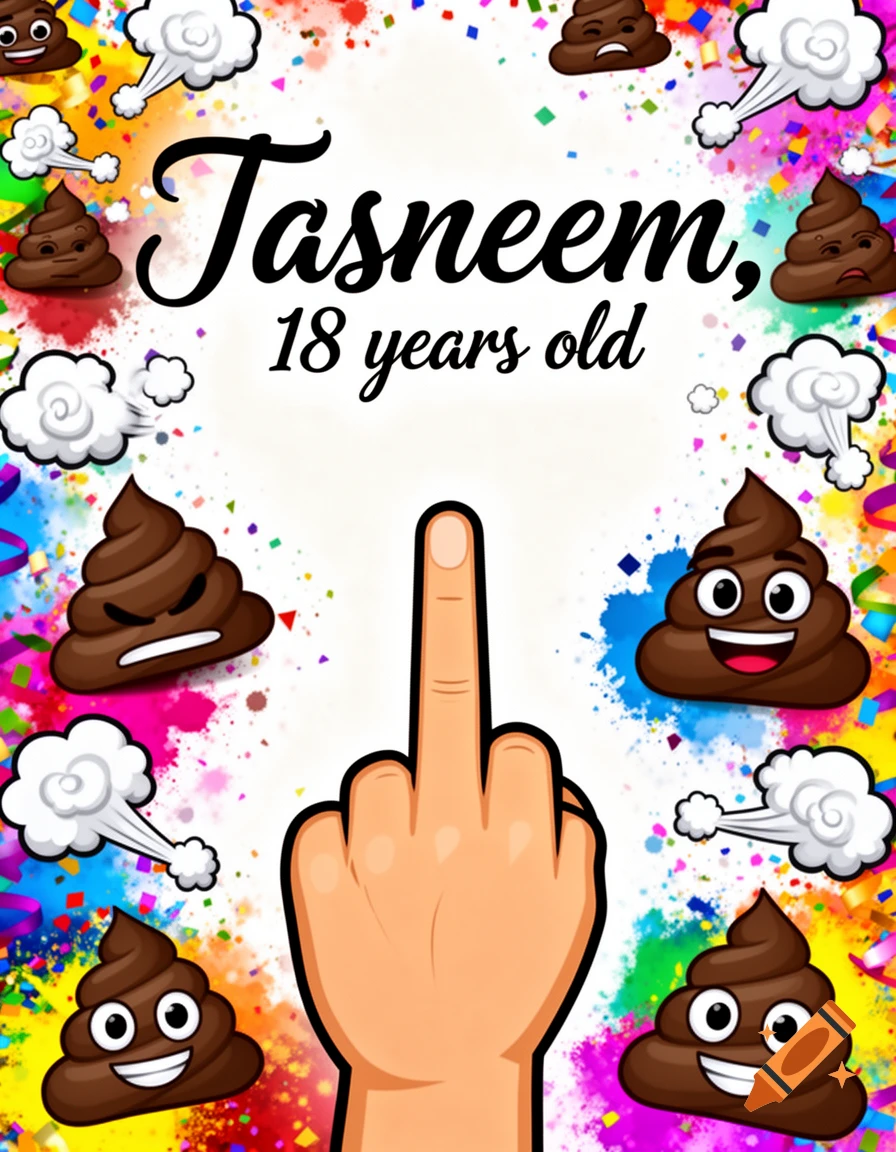Cartoon middle finger surrounded by smiling poop emojis and fart clouds, with text 'Tasneem, 18 years old'.