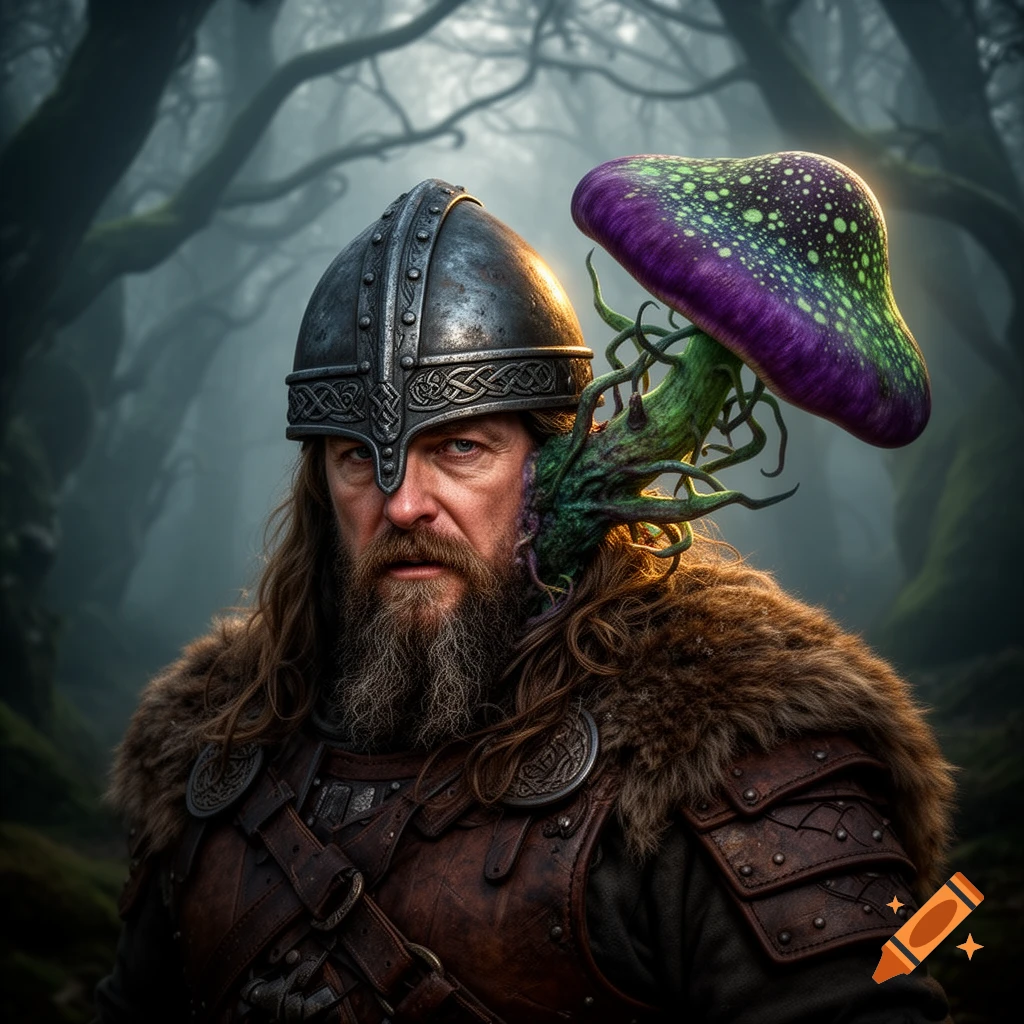 A detailed portrait of a viking warrior with a long beard and a helmet, from which a large, glowing purple and green mushroom grows, in a misty forest.