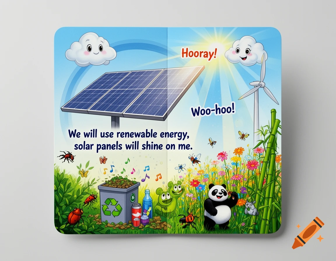 Children's illustration of a solar panel and wind turbine on a sunny day, with a panda, bugs, and a recycling bin in a vibrant field.
