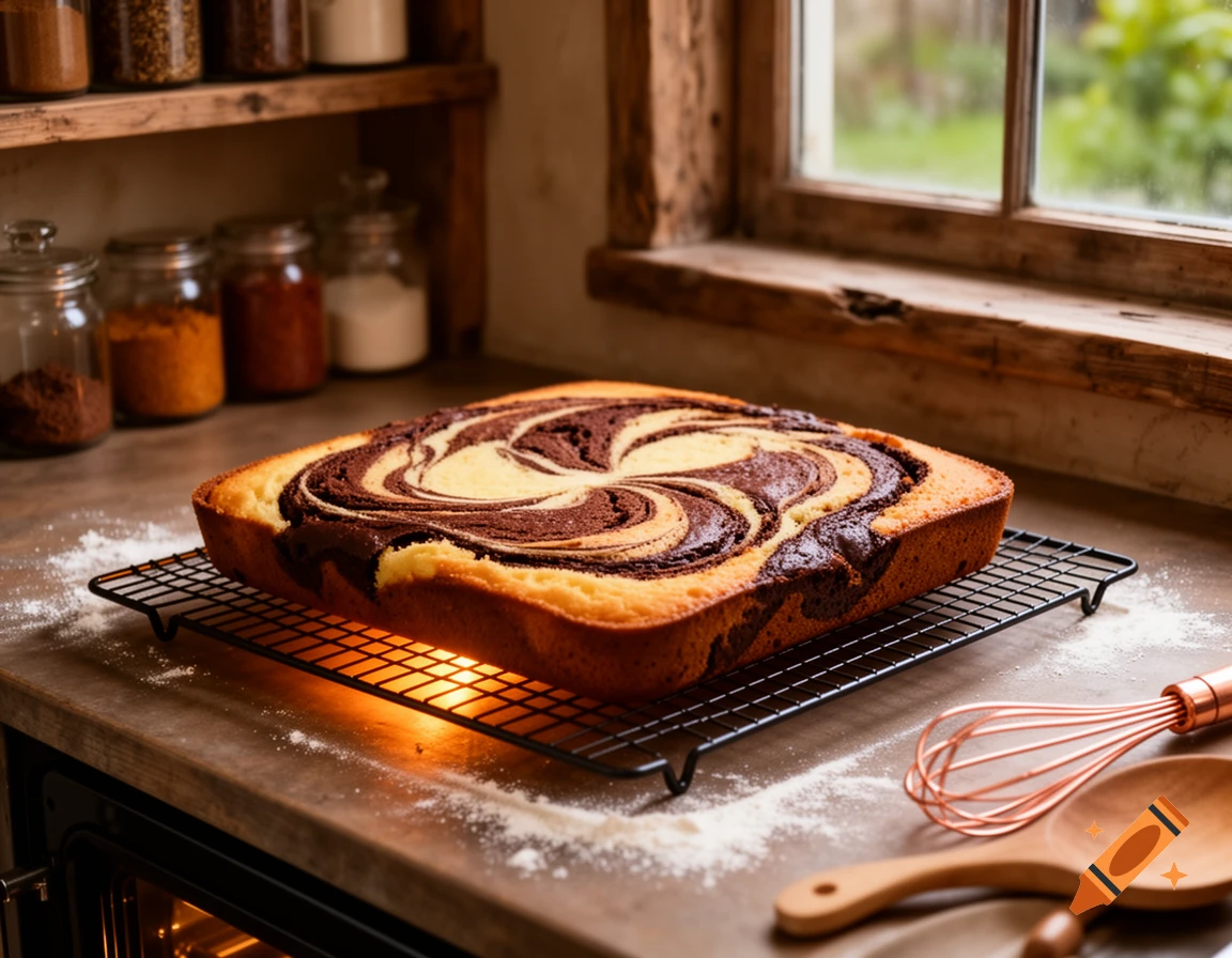 A freshly baked marble cake with a swirl pattern cooling on a wire rack on a kitchen counter next to a window.