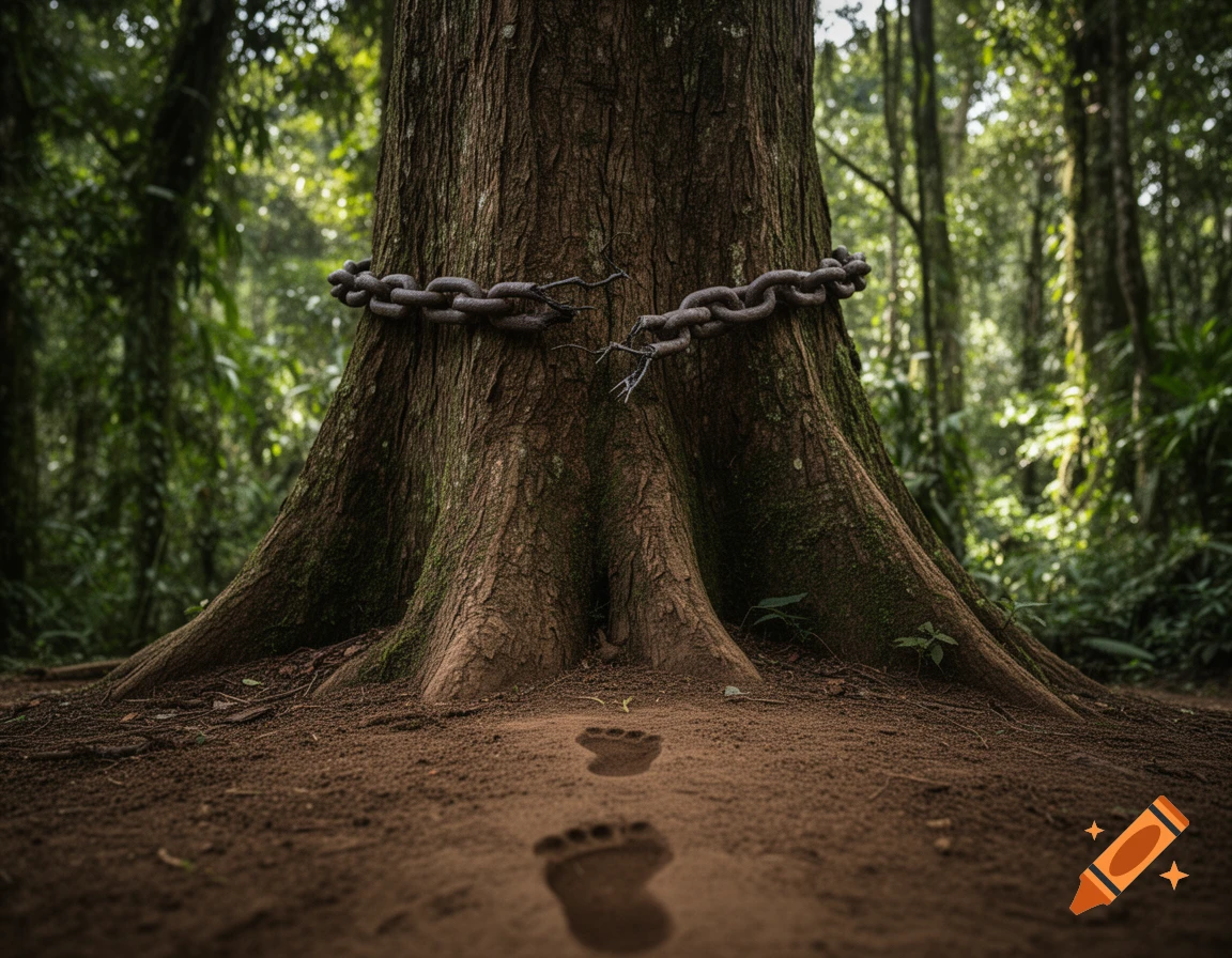 A large tree with a broken metal chain wrapped around its trunk, and human footprints leading away into a lush forest. Photorealistic.