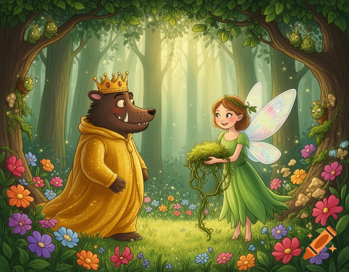 Children's illustration of a bear king in a golden robe meeting a fairy holding moss and vines in a magical forest.
