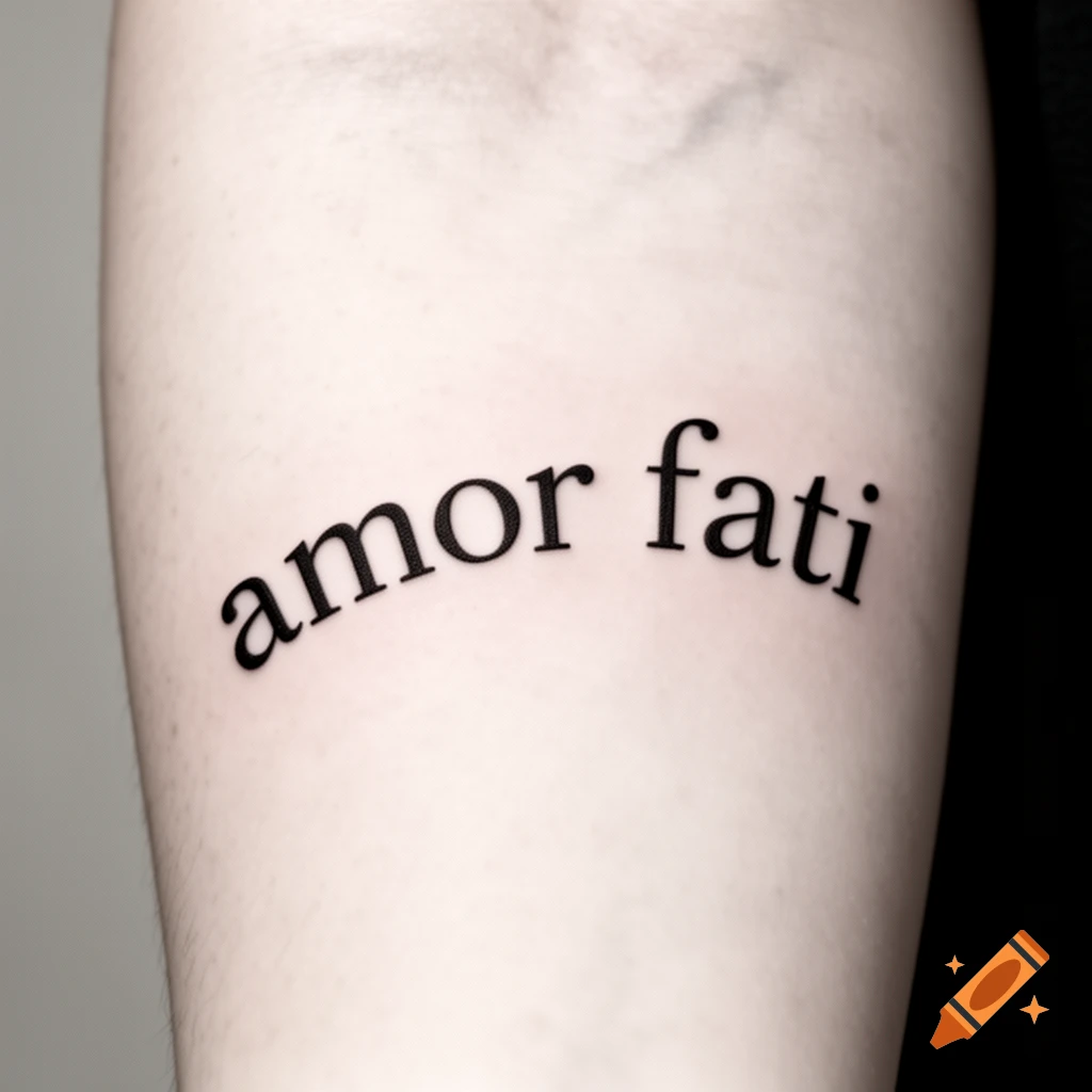 A minimalist tattoo of 'amor fati' in black script on a light-skinned arm, showing clean lines.