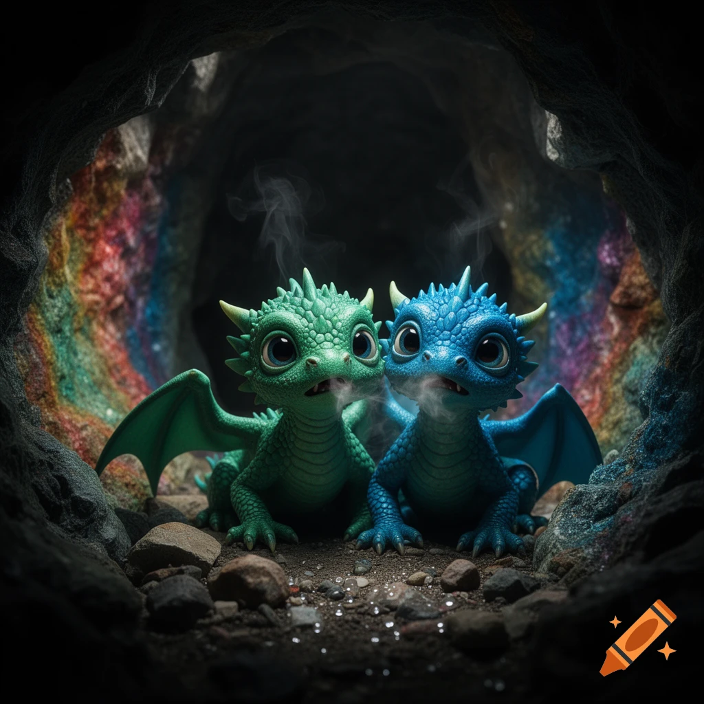 Two scared, big-eyed baby dragons, one green and one blue, sit together in a dark cave with rainbow-colored mineral streaks.