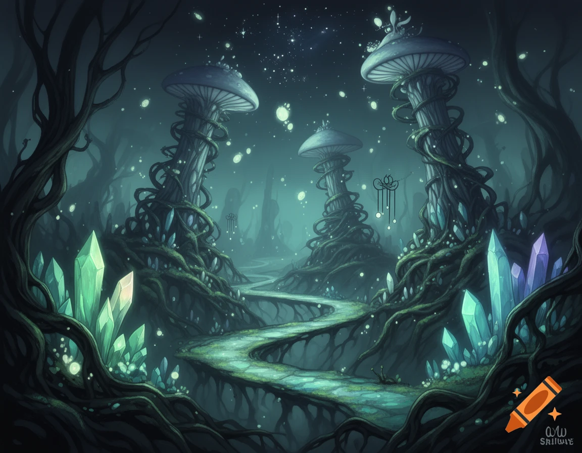 Dark fantasy forest with giant glowing mushrooms, luminous crystals, and winding root pathways under a starry sky.