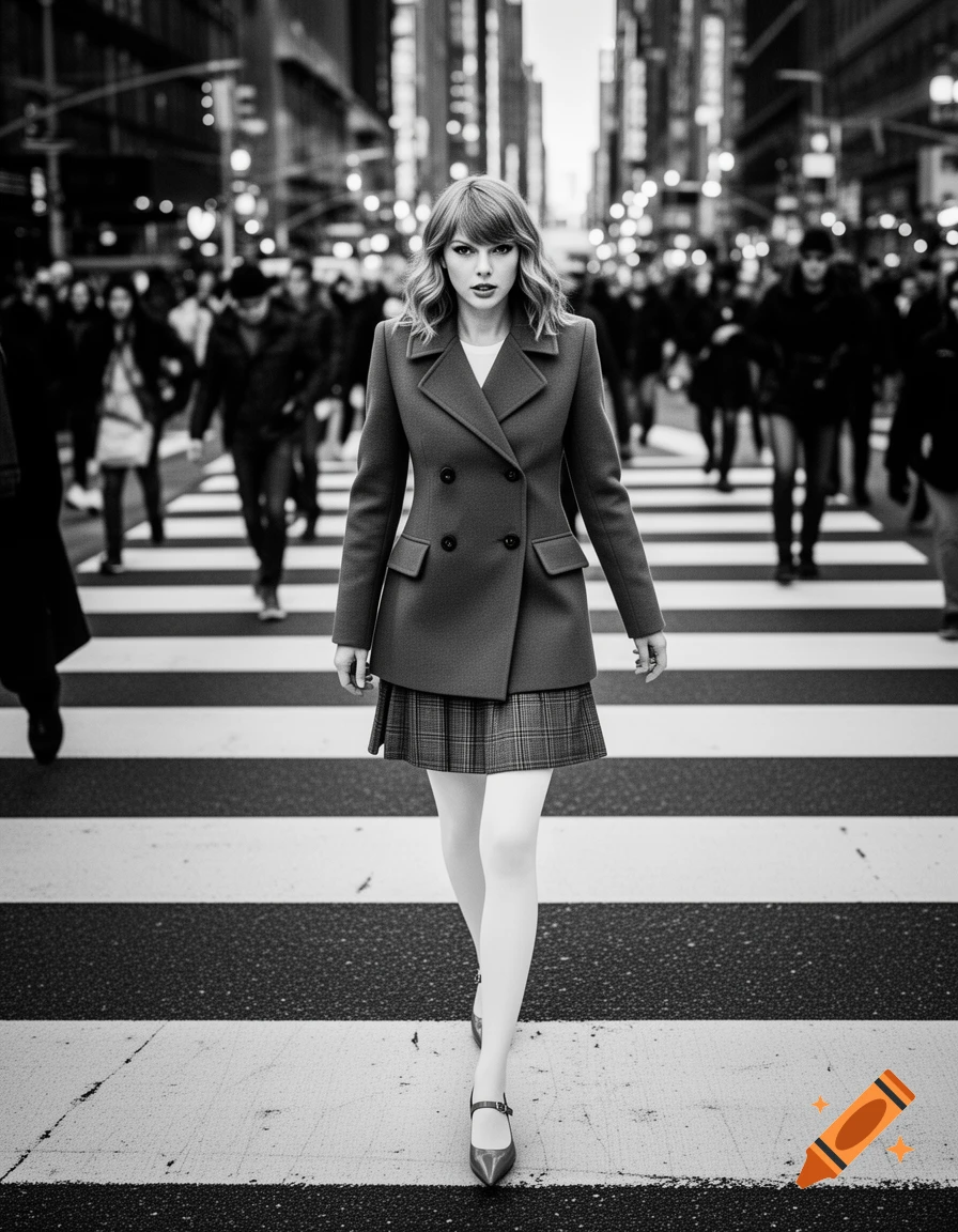 Black and white photorealistic image of Taylor Swift in a peacoat and plaid skirt, walking forward on a city crosswalk with blurry crowds.