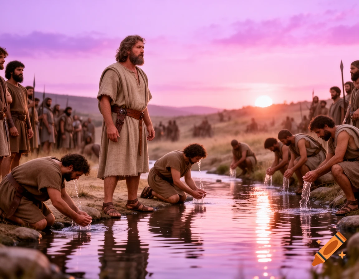A bearded man, Gideon, stands by a stream as his soldiers drink water at sunset, a historical scene.