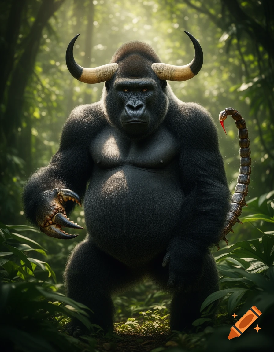 A powerful, photorealistic gorilla-bull-crab-scorpion hybrid stands in a lush jungle.