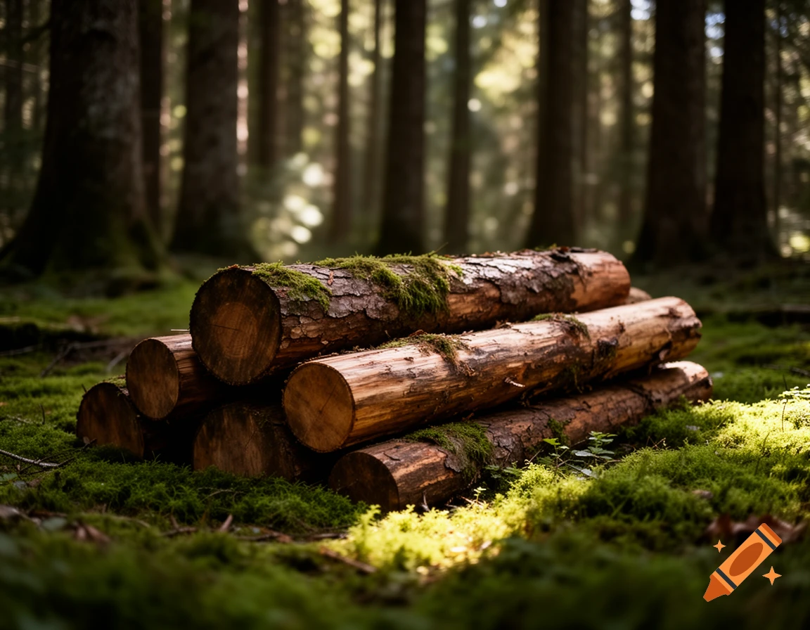 A stack of moss-covered logs rests on a lush bed of green moss in a sun-dappled forest.