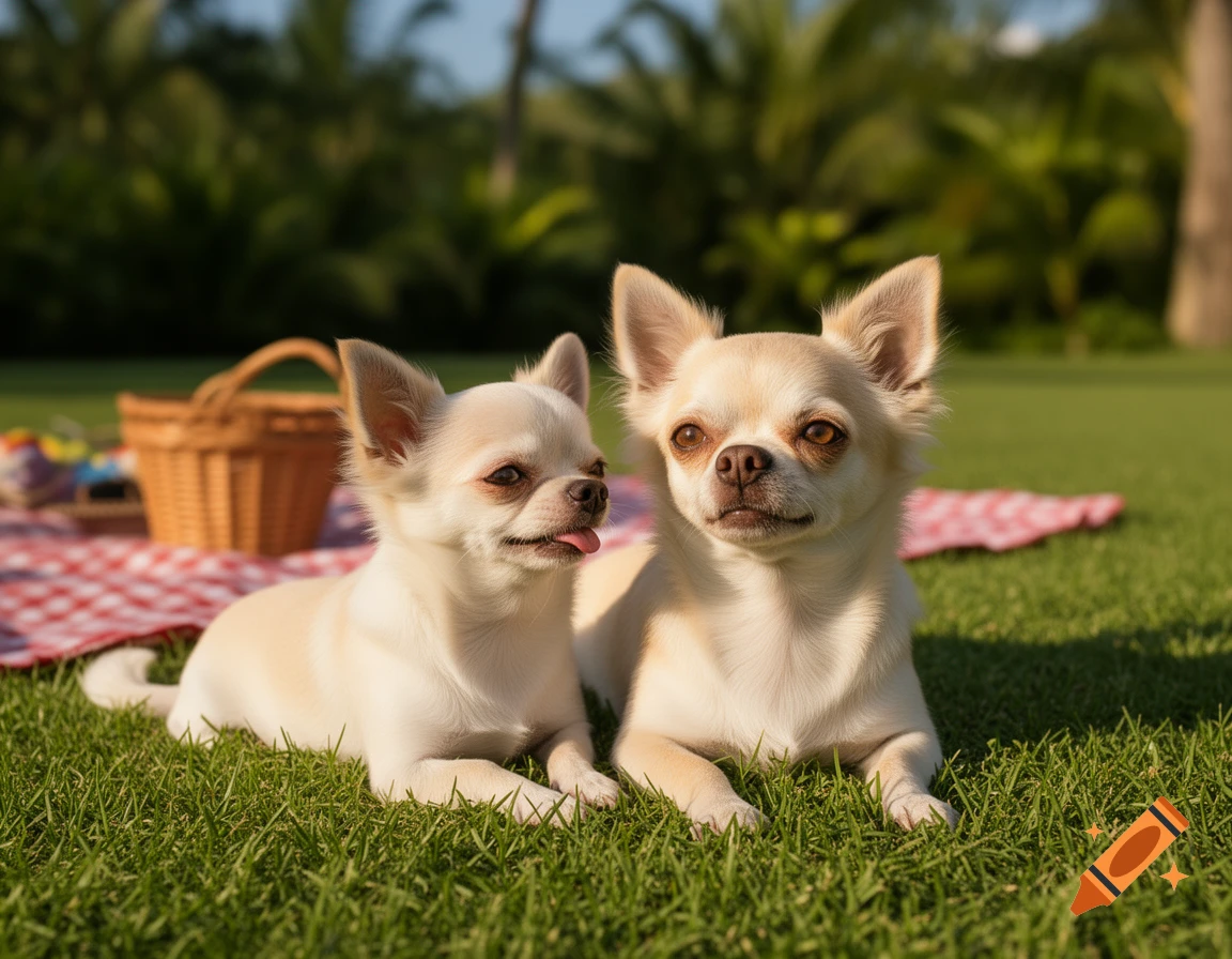Two cream chihuahuas, one with its tongue out, lie on green grass next to a picnic blanket and basket in a sunny park.