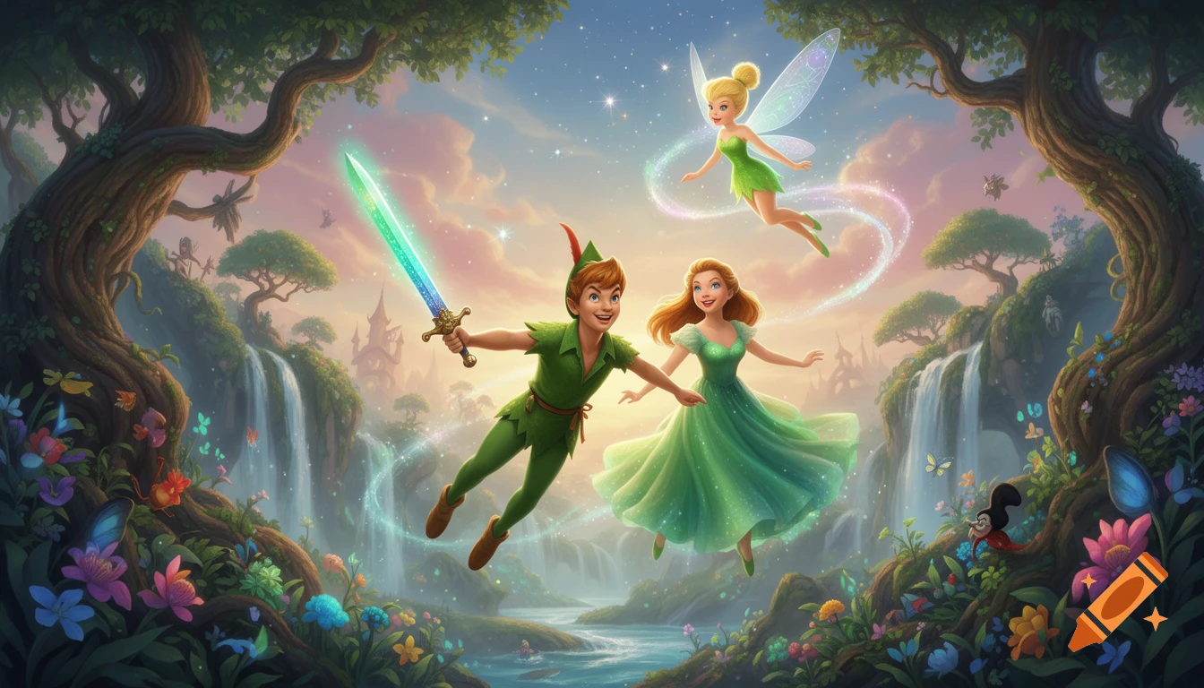 Peter Pan, Wendy, and Tinker Bell fly over a magical forest with waterfalls and colorful flowers, Peter holding a glowing sword.