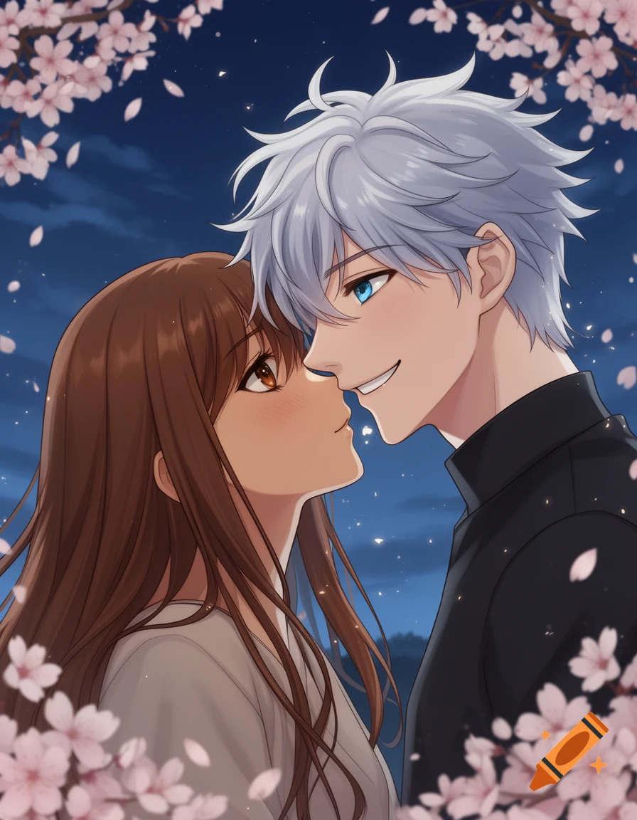 An anime couple, a white-haired man and a brown-haired woman, about to kiss under cherry blossoms at night.