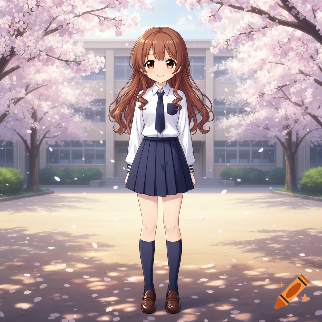 An anime girl with brown hair and eyes, wearing a school uniform, stands in front of a school building with cherry blossoms.