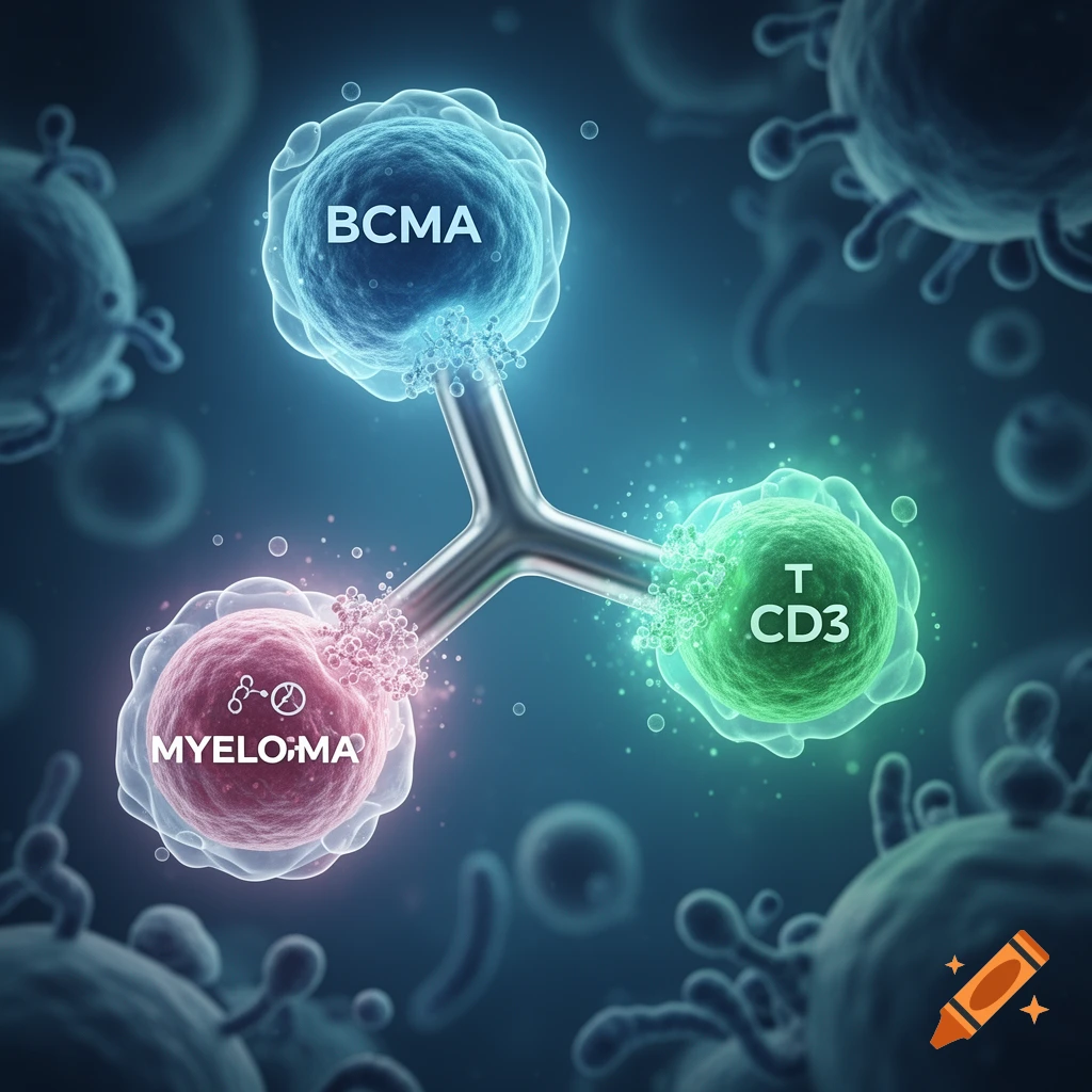 Scientific illustration of a bispecific antibody linking a blue BCMA cell and a red MYELO:MA cell with a green T CD3 cell in a microscopic view.