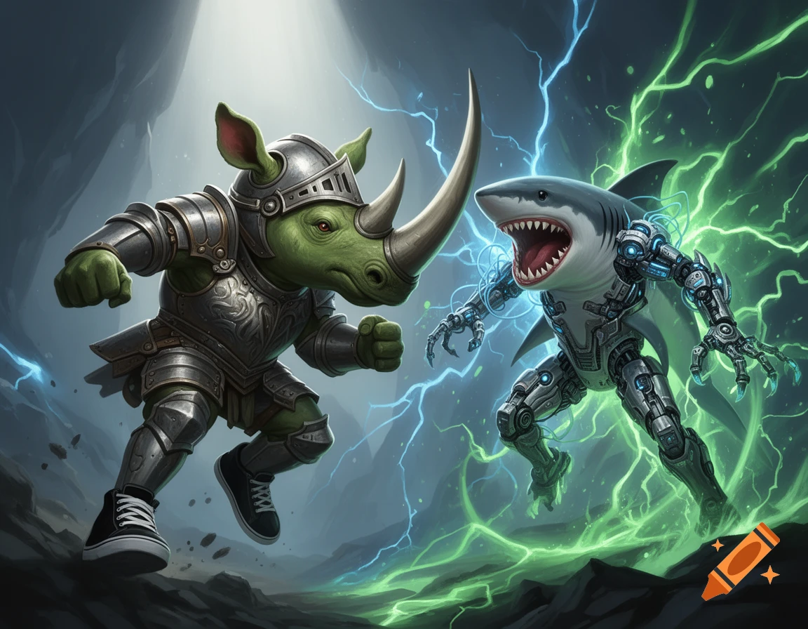 A green rhino knight in armor and sneakers fights a shark cyborg surrounded by electric energy in a dark, rocky scene.