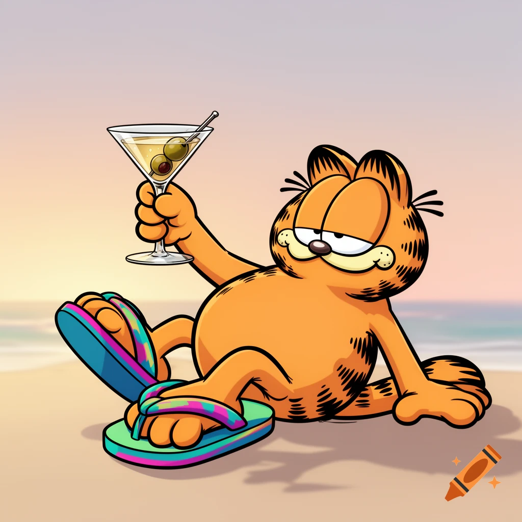 Garfield the cat relaxing on a sandy beach, wearing colorful flip-flops and holding a martini glass with olives.