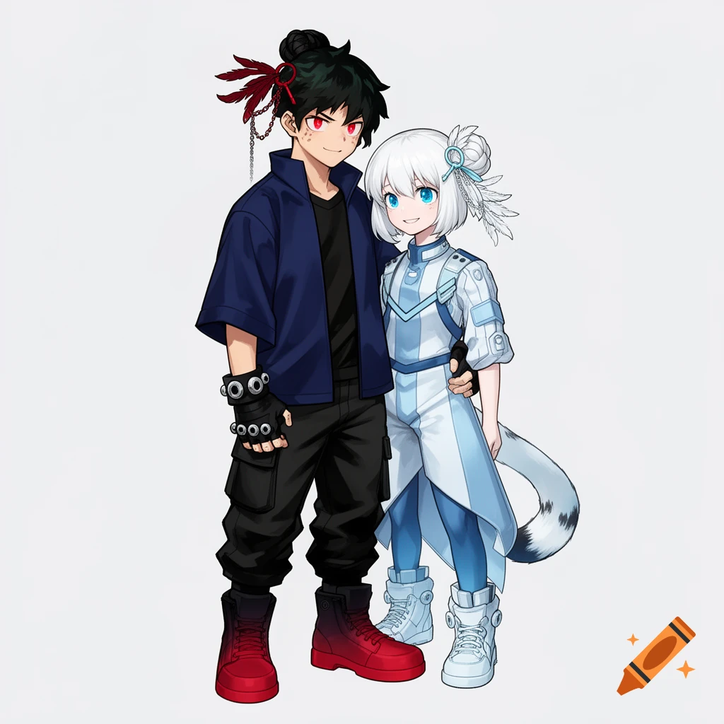 Anime illustration of a dark-haired boy with red eyes and a white-haired girl with blue eyes and a snow leopard tail, standing close.