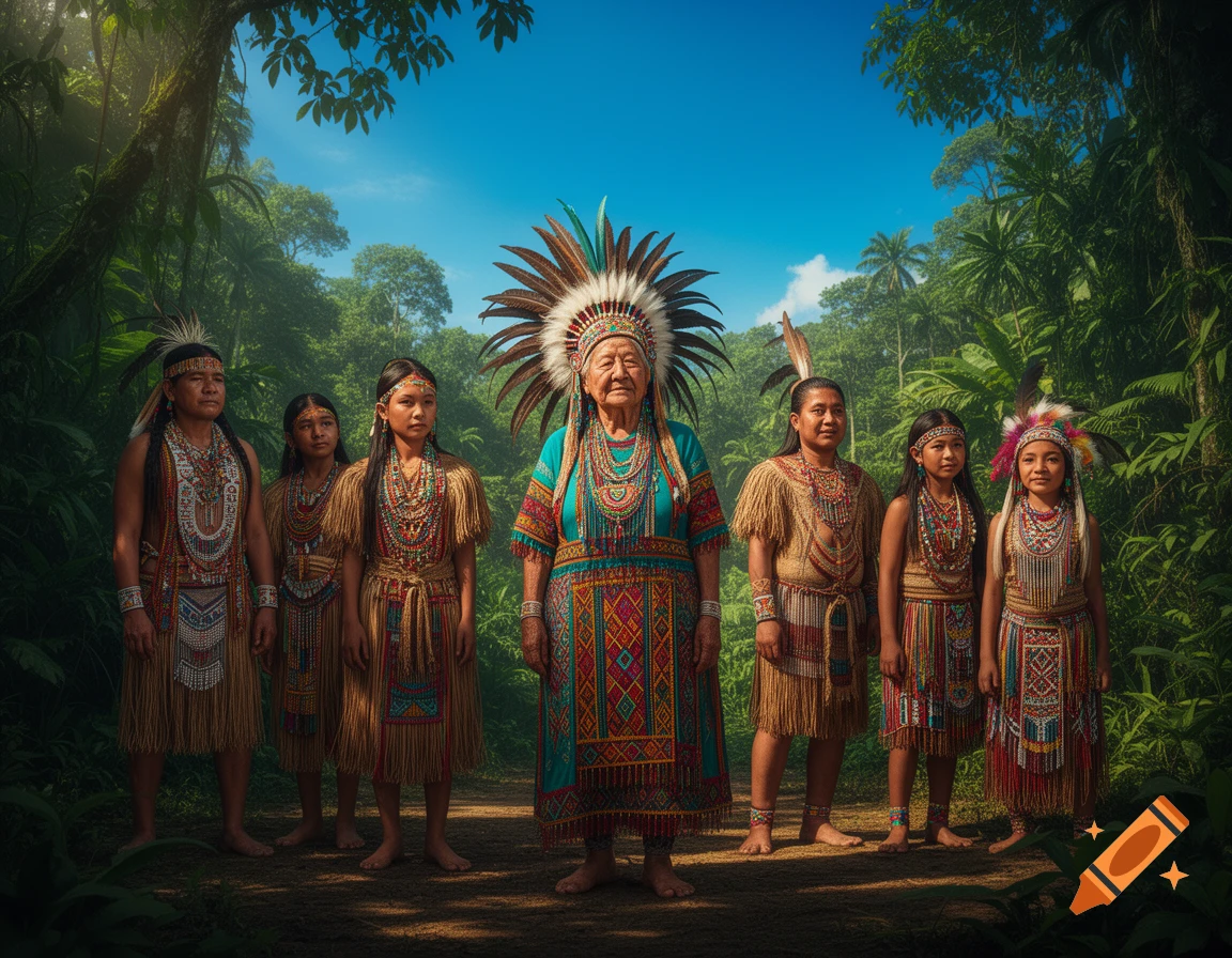 Elderly Indigenous woman and several younger people in ornate traditional attire with feathered headdresses stand in a lush jungle.