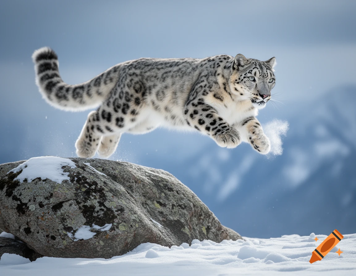 A snow leopard leaps from a snow-dusted rock in a snowy, mountainous landscape.