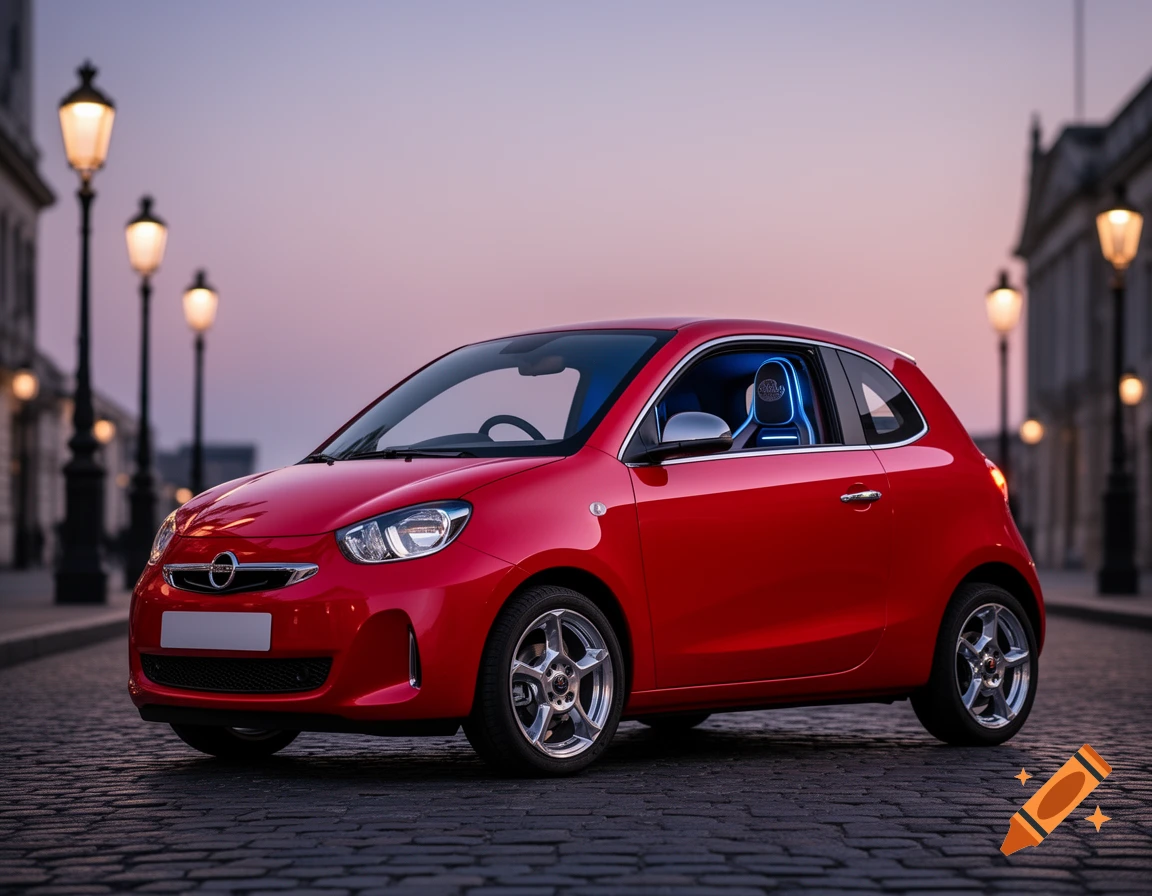 A vibrant red, small, sporty car parked on a cobblestone street at dusk, with streetlights illuminating the background.