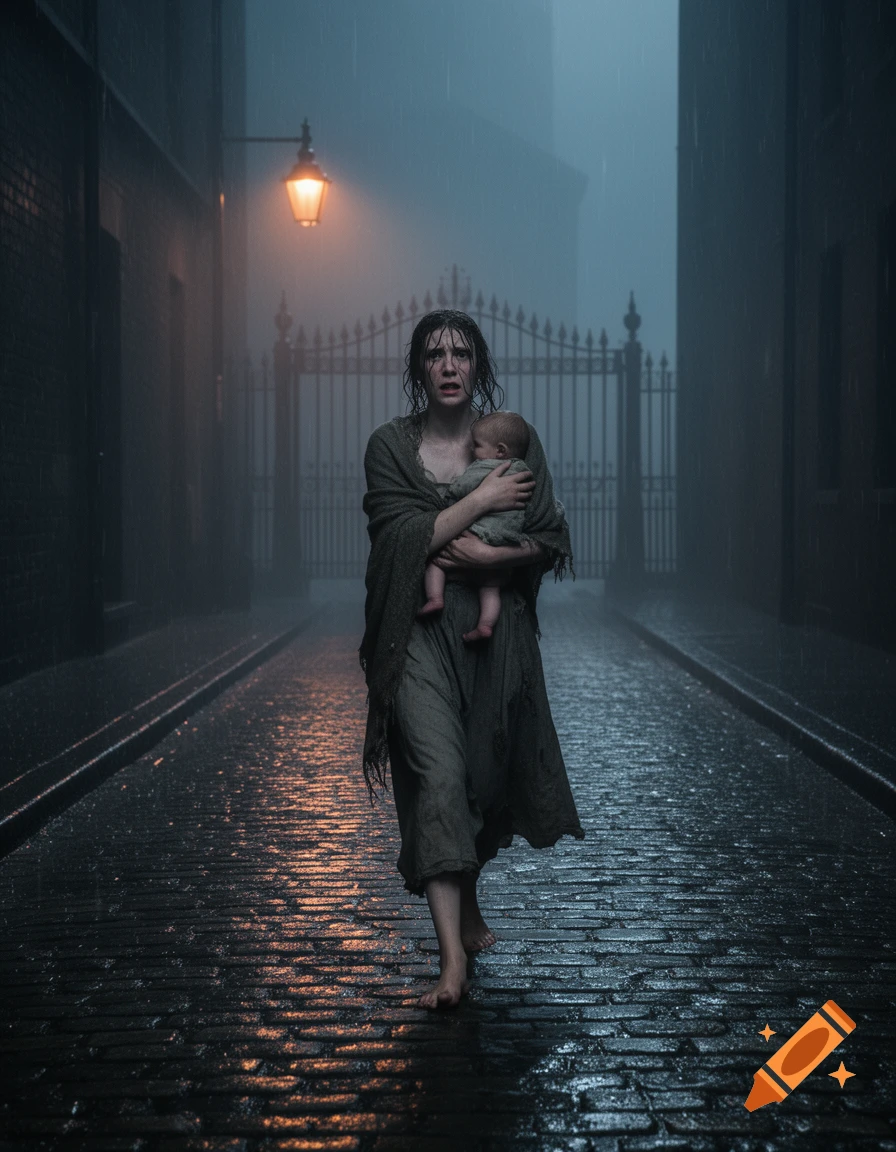 A distressed woman walks barefoot on a wet cobblestone street in heavy rain, carrying a baby, with a glowing lantern and iron gates in the misty background.