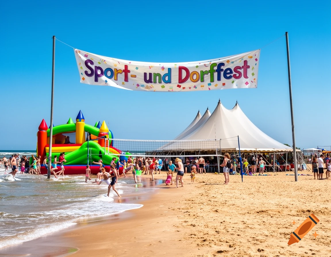 A vibrant beach festival with a bouncy castle, large tents, a volleyball net, and people enjoying the sand and ocean. A banner reads 'Sport- und Dorffest'.