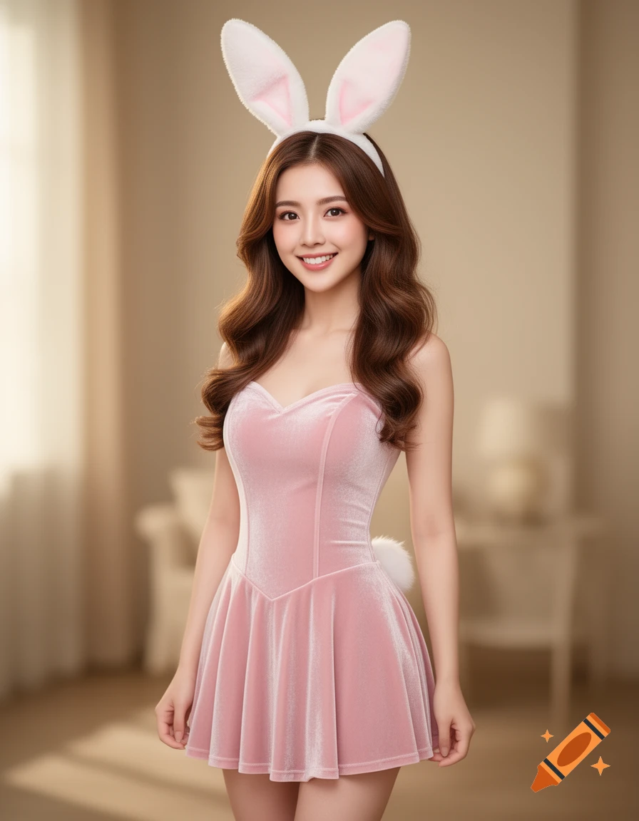 A smiling woman in a pink velvet bunny dress with a white bunny tail and white bunny ears.