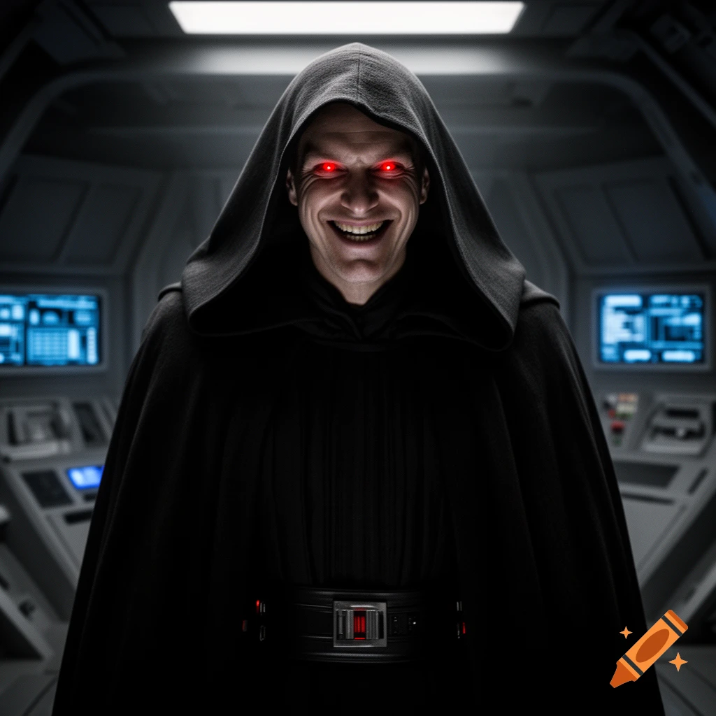 A menacing man in a black hooded robe with glowing red eyes smiles broadly inside a spaceship control room.