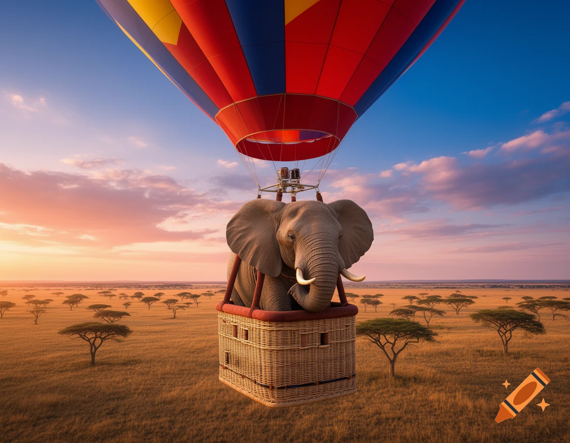 Photorealistic elephant in a colorful hot air balloon above a savanna at sunset.