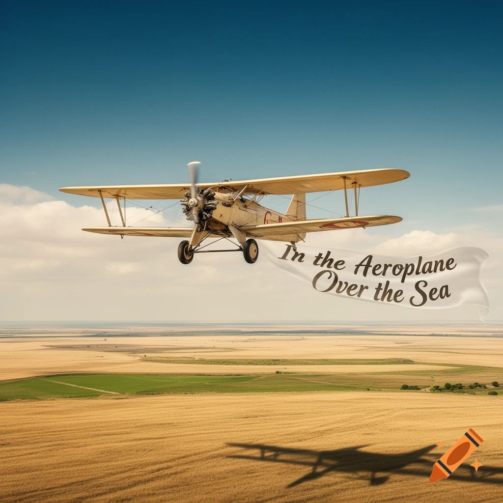 A vintage biplane flies over golden fields under a blue sky, trailing a banner that reads 'In the Aeroplane Over the Sea'.