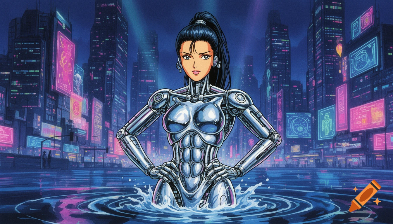 A sleek female robot with a metallic exoskeleton emerges from water, hands on hips, in a neon-lit cyberpunk cityscape. 90s anime style.