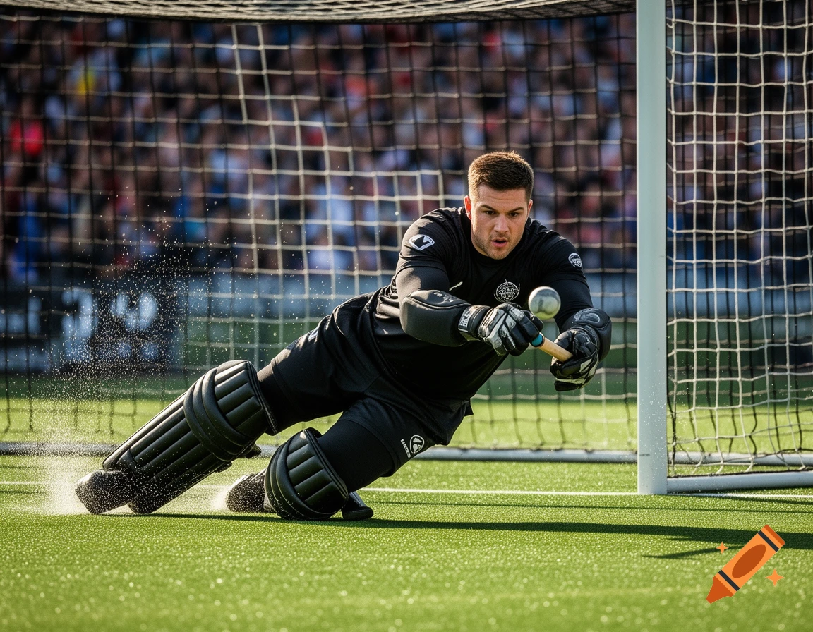 A field hockey goalkeeper in black gear dives to stop a shot on a green turf field, with a blurred crowd in the background.