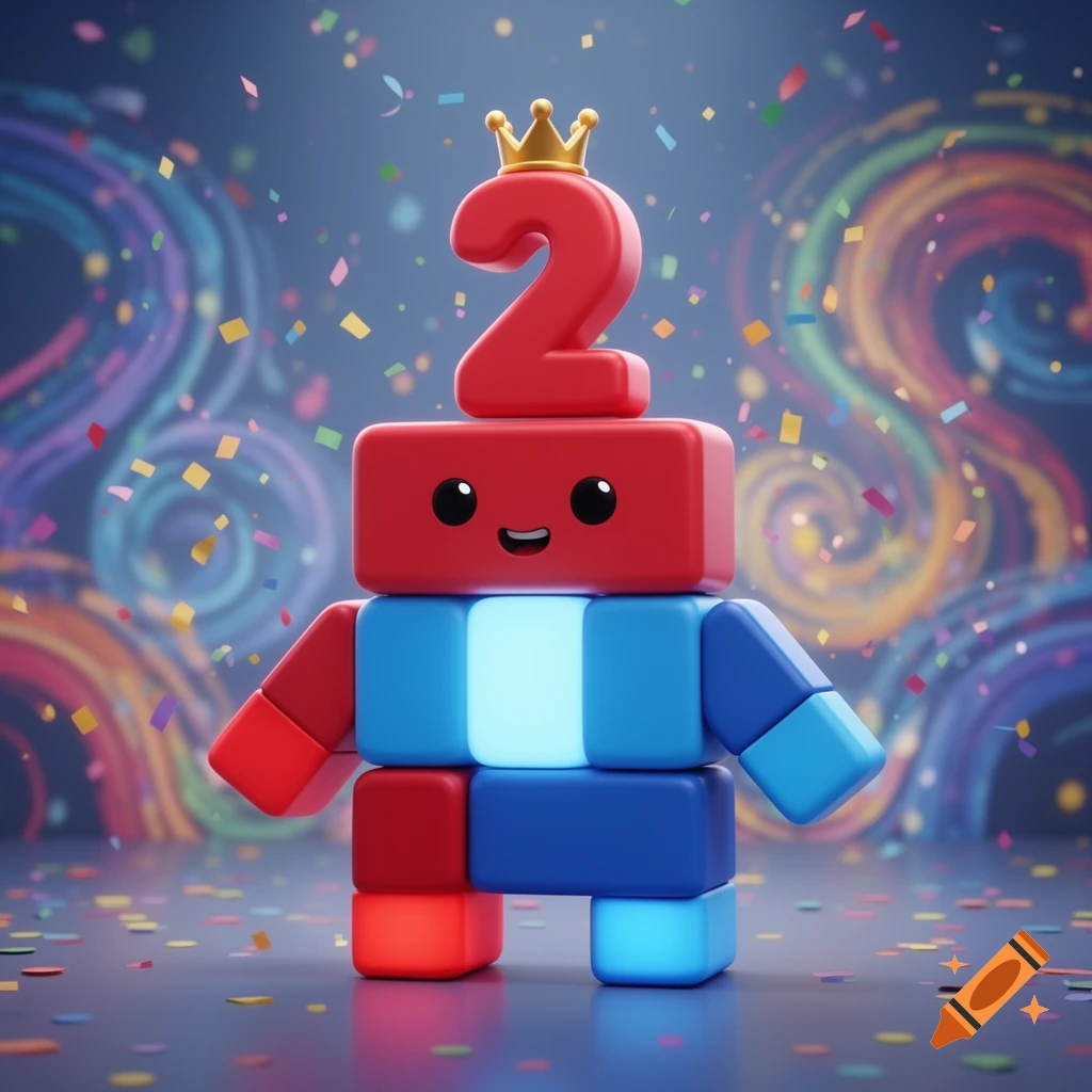 A smiling, blocky character made of red and blue blocks, with a crowned red number 2 on its head, surrounded by falling confetti in a 3D render.