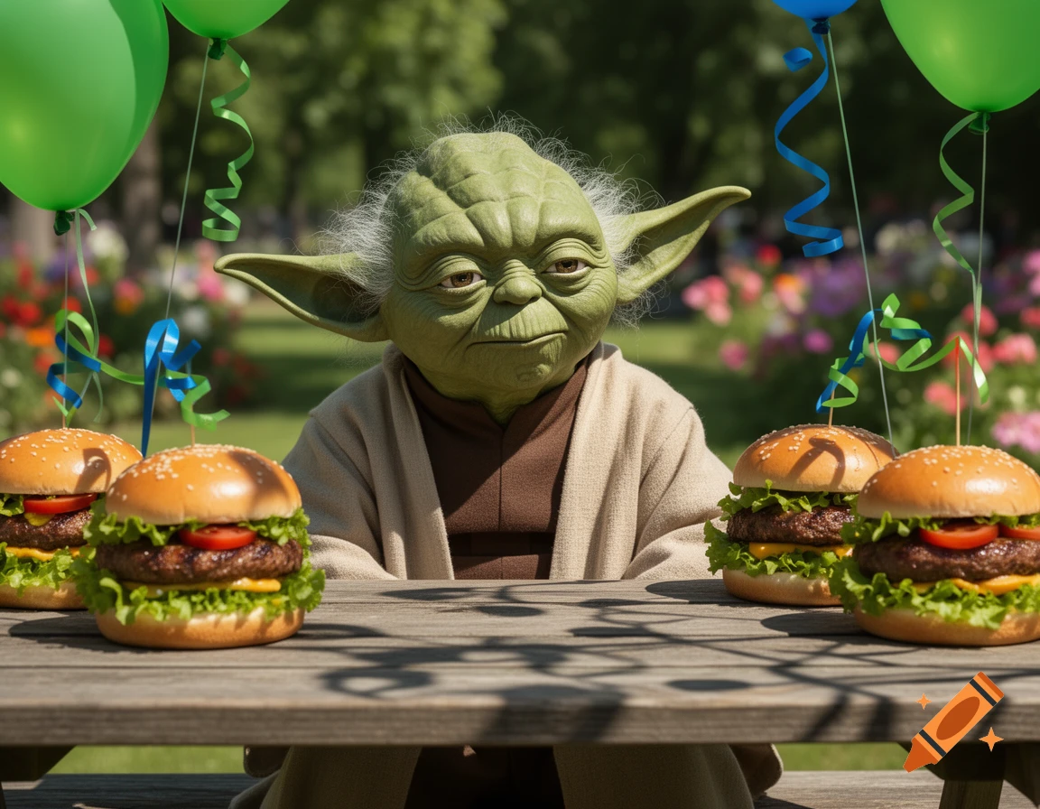 Yoda sits at a picnic table with several hamburgers, surrounded by green and blue balloons in a sunny garden.